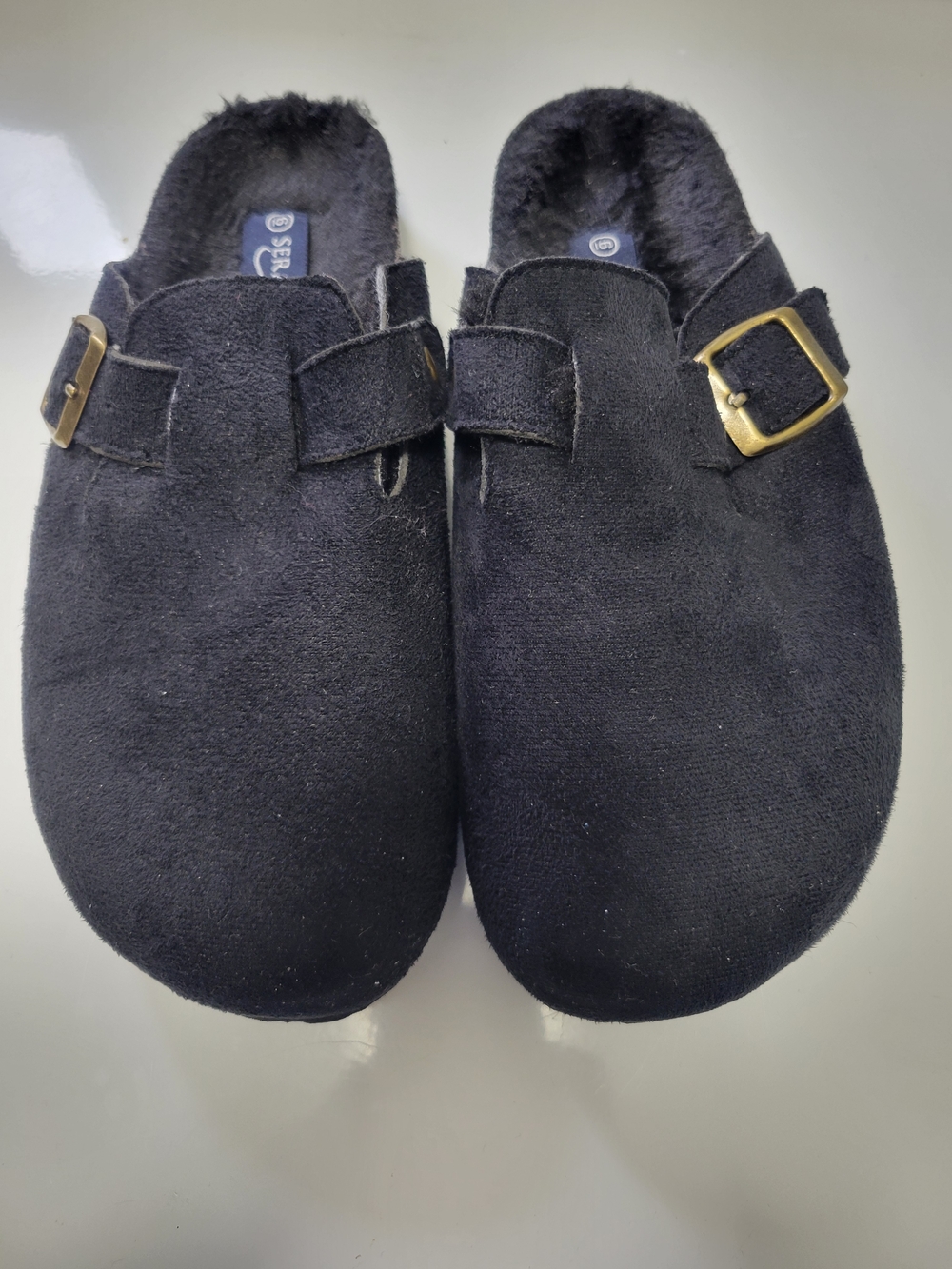 Black Suede-Look Mule Clogs with Gold Buckle